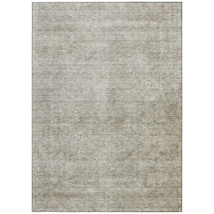 9' X 12' Linen And Gray Floral Washable Indoor Outdoor Area Rug