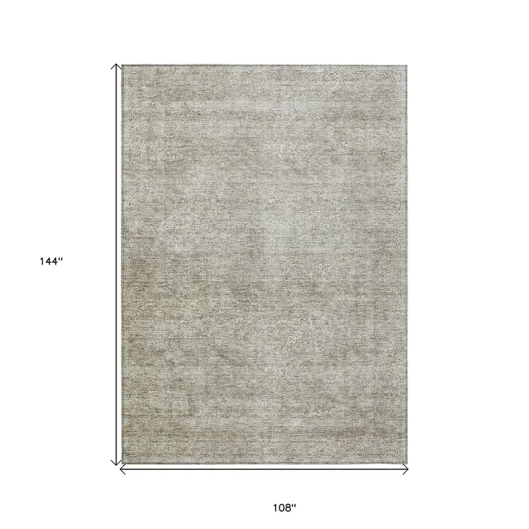 9' X 12' Linen And Gray Floral Washable Indoor Outdoor Area Rug