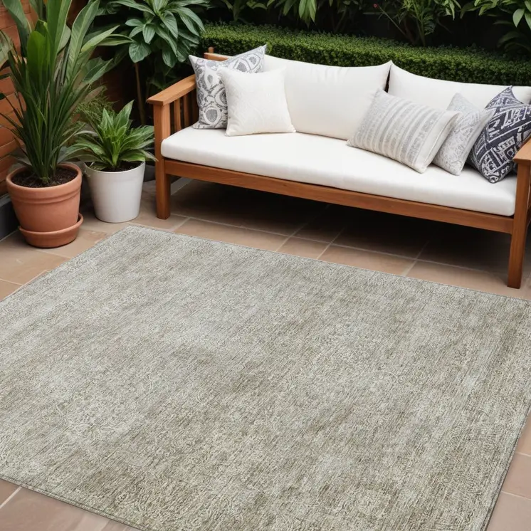 10' X 14' Linen And Gray Floral Washable Indoor Outdoor Area Rug