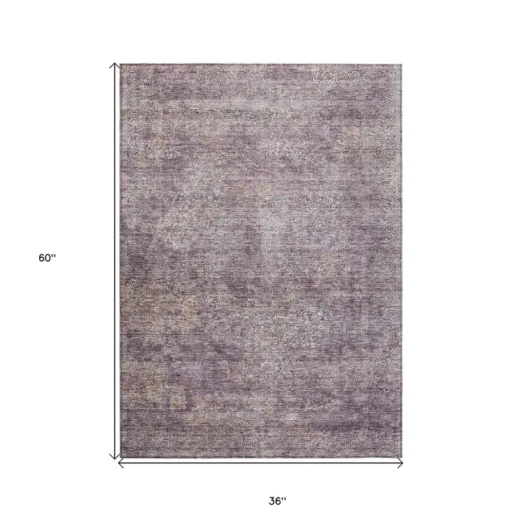 3' X 5' Plum And Lavender Floral Washable Indoor Outdoor Area Rug