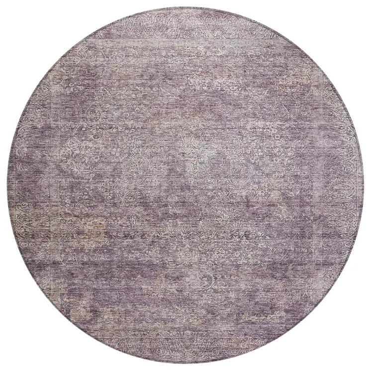 8' Plum And Lavender Round Floral Washable Indoor Outdoor Area Rug