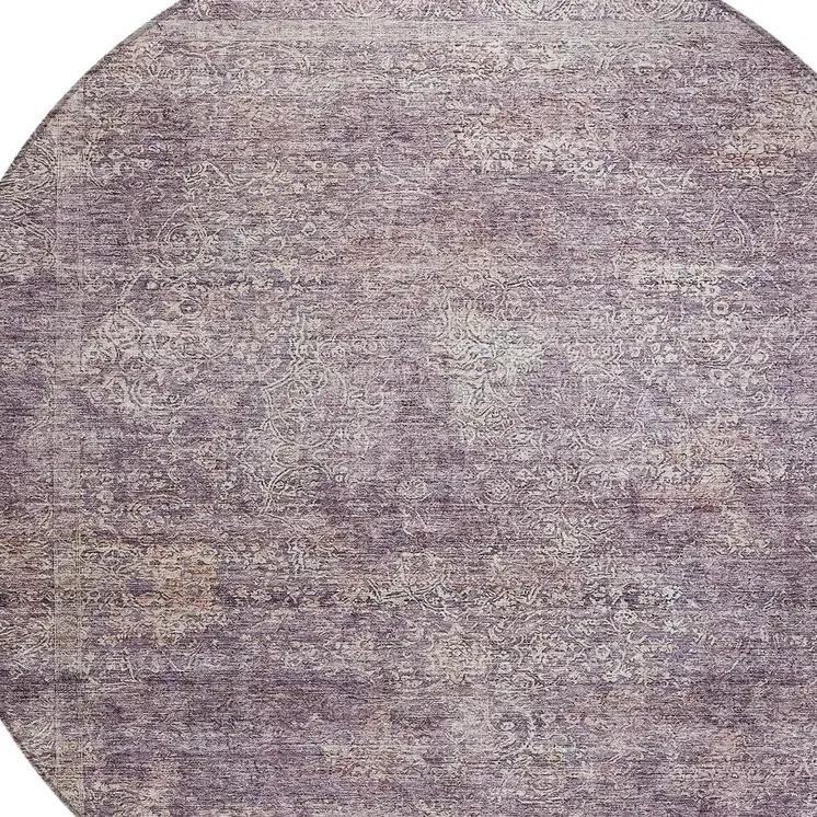 8' Plum And Lavender Round Floral Washable Indoor Outdoor Area Rug