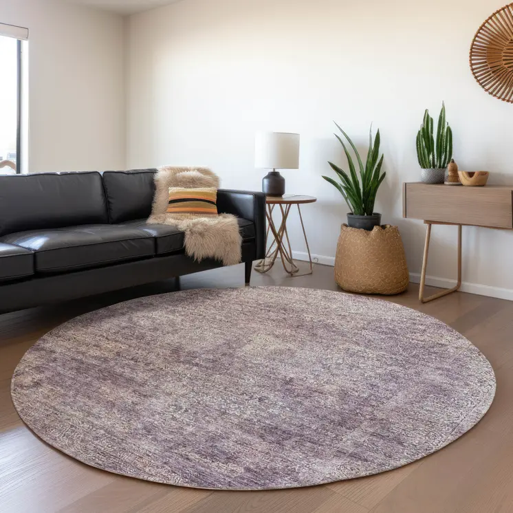 8' Plum And Lavender Round Floral Washable Indoor Outdoor Area Rug