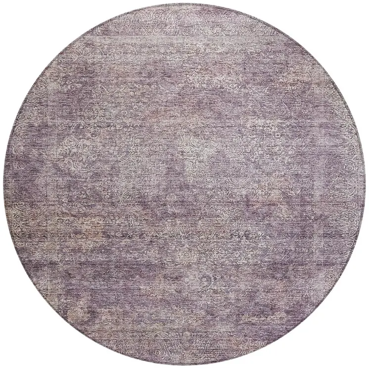 8' Plum And Lavender Round Floral Washable Indoor Outdoor Area Rug