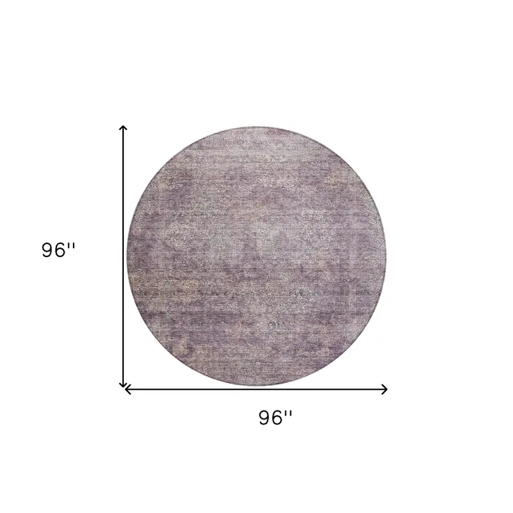 8' Plum And Lavender Round Floral Washable Indoor Outdoor Area Rug