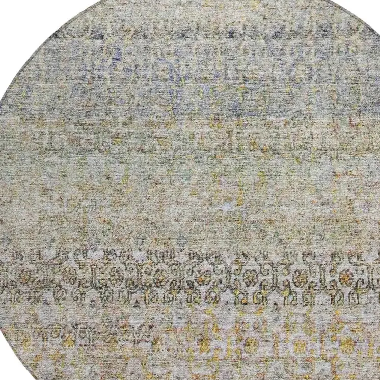 8' Blue Green And Gold Round Floral Washable Indoor Outdoor Area Rug