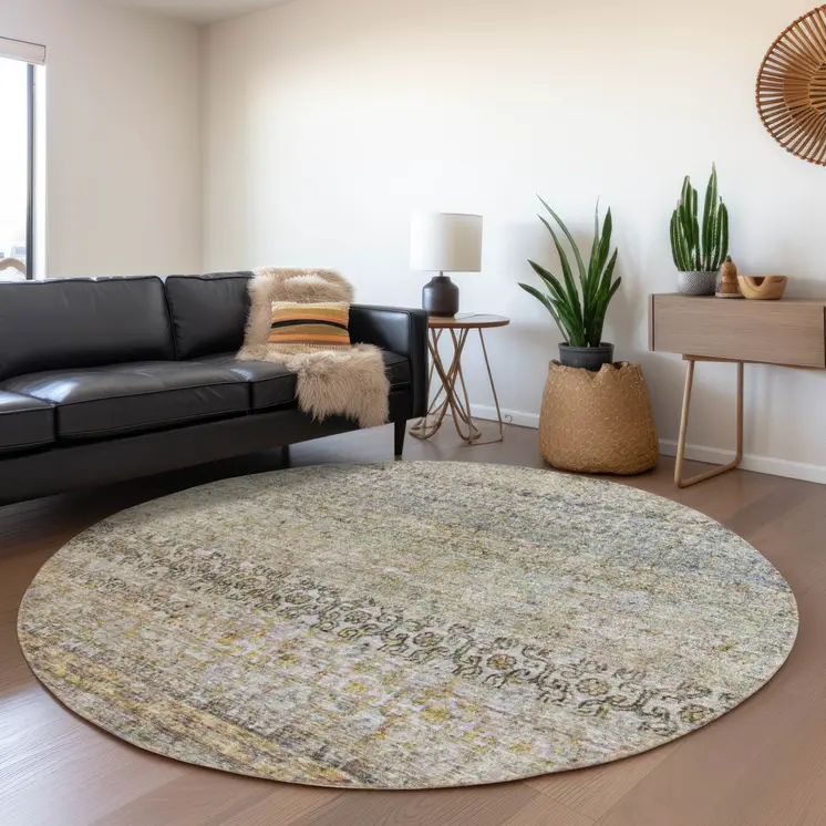 8' Blue Green And Gold Round Floral Washable Indoor Outdoor Area Rug