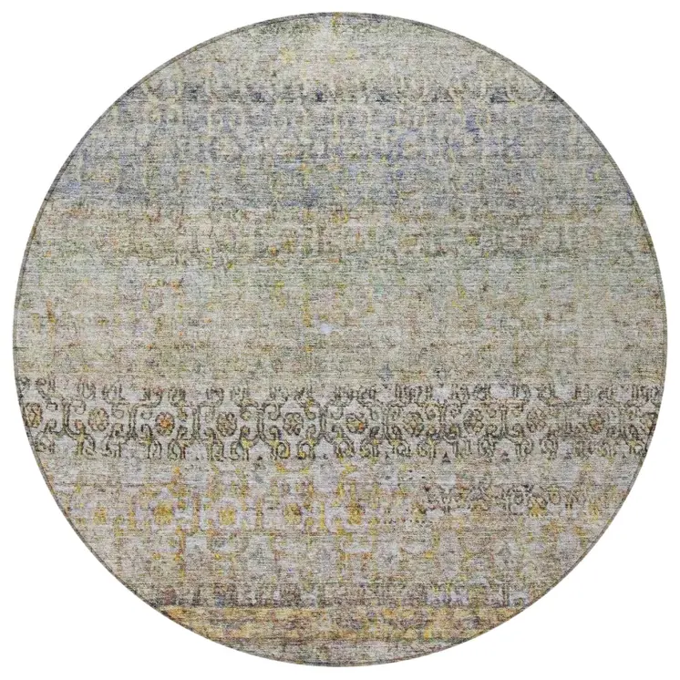 8' Blue Green And Gold Round Floral Washable Indoor Outdoor Area Rug