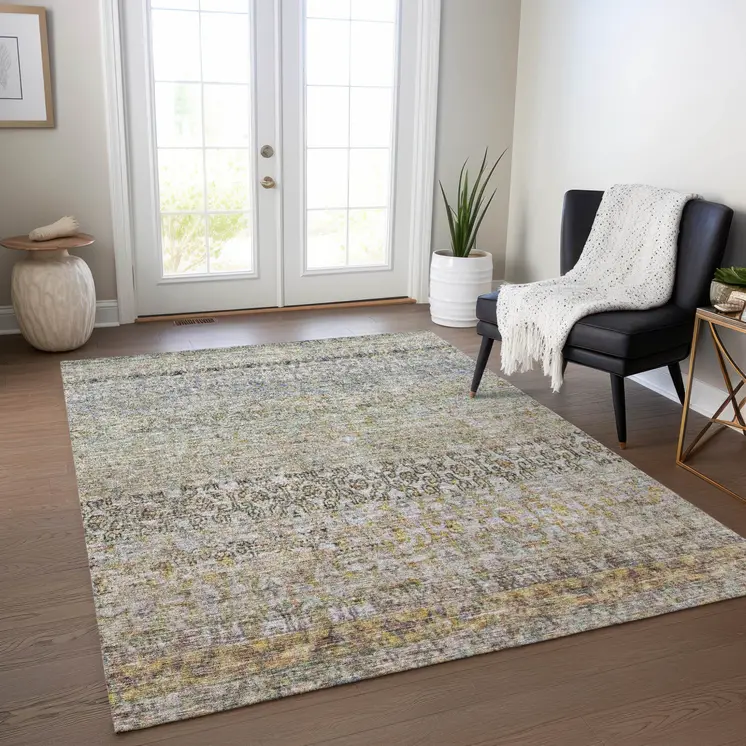 8' X 10' Blue Green And Gold Floral Washable Indoor Outdoor Area Rug