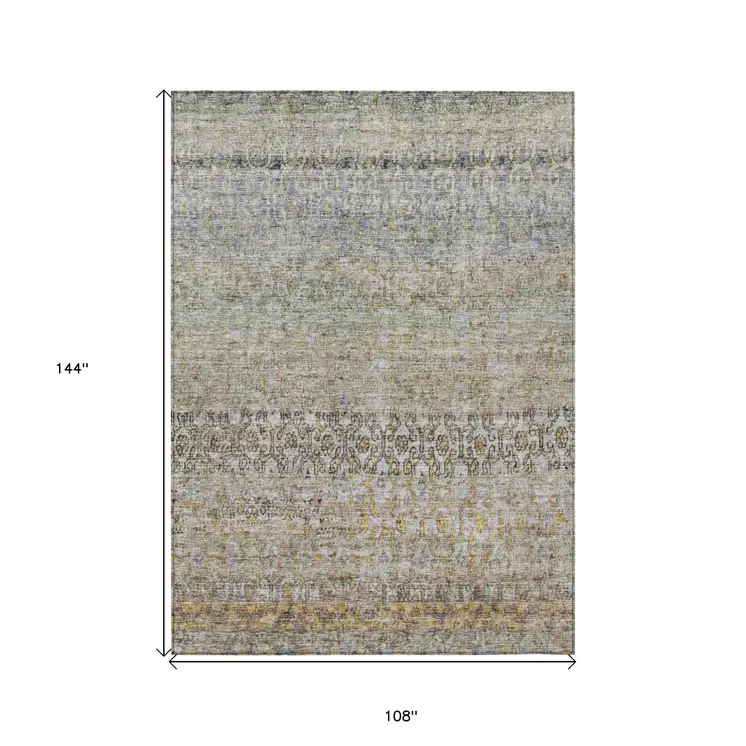 9' X 12' Blue Green And Gold Floral Washable Indoor Outdoor Area Rug