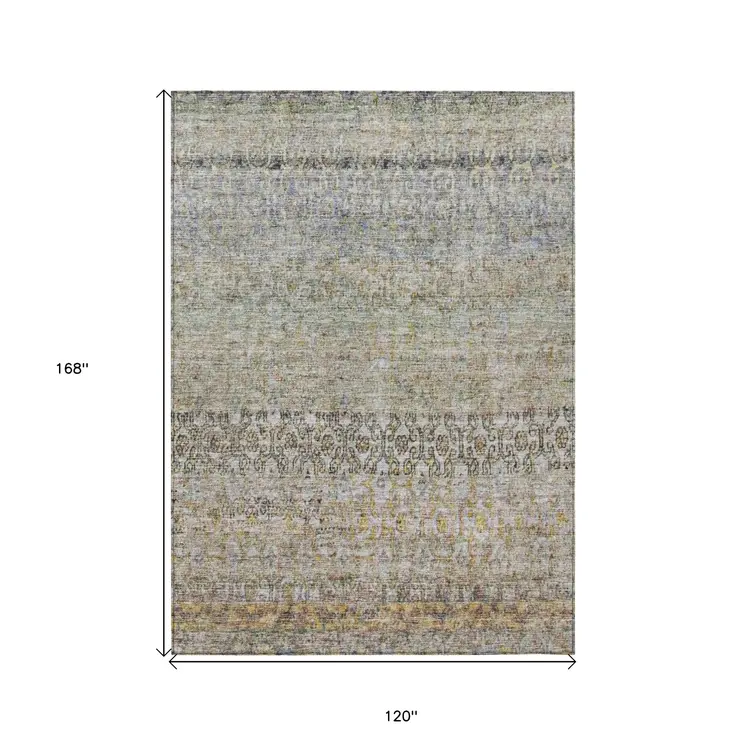 10' X 14' Blue Green And Gold Floral Washable Indoor Outdoor Area Rug