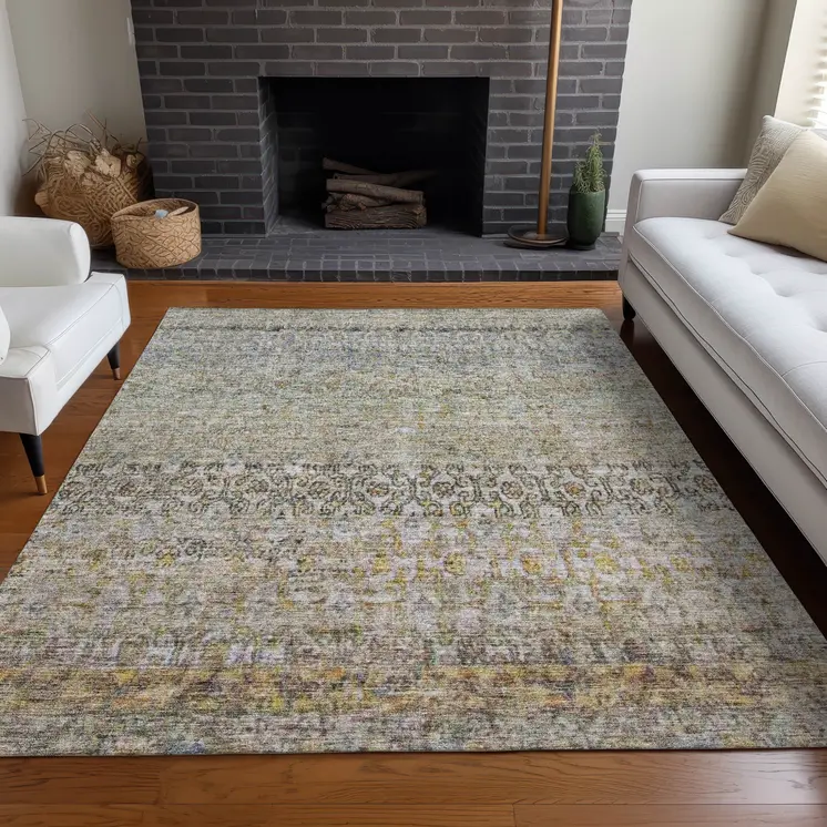 10' X 14' Blue Green And Gold Floral Washable Indoor Outdoor Area Rug