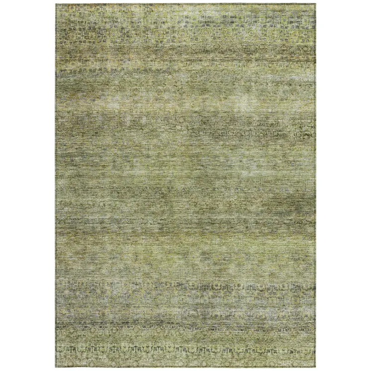3' X 5' Artichoke Green Brown And Gray Striped Washable Indoor Outdoor Area Rug