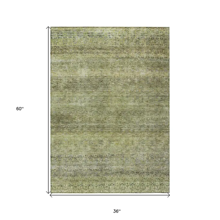 3' X 5' Artichoke Green Brown And Gray Striped Washable Indoor Outdoor Area Rug