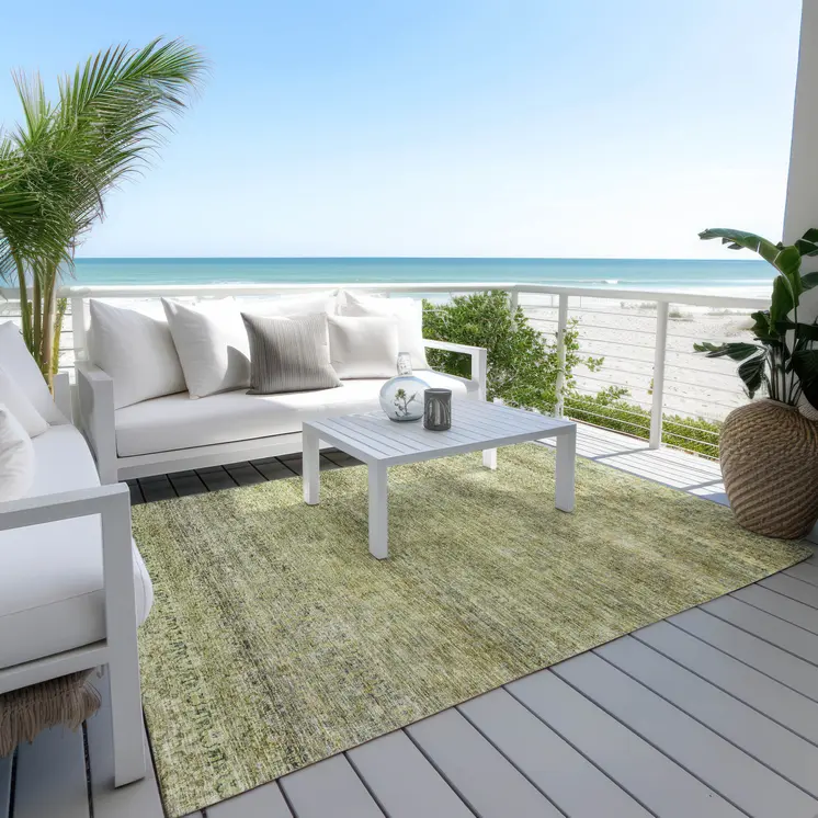 3' X 5' Artichoke Green Brown And Gray Striped Washable Indoor Outdoor Area Rug