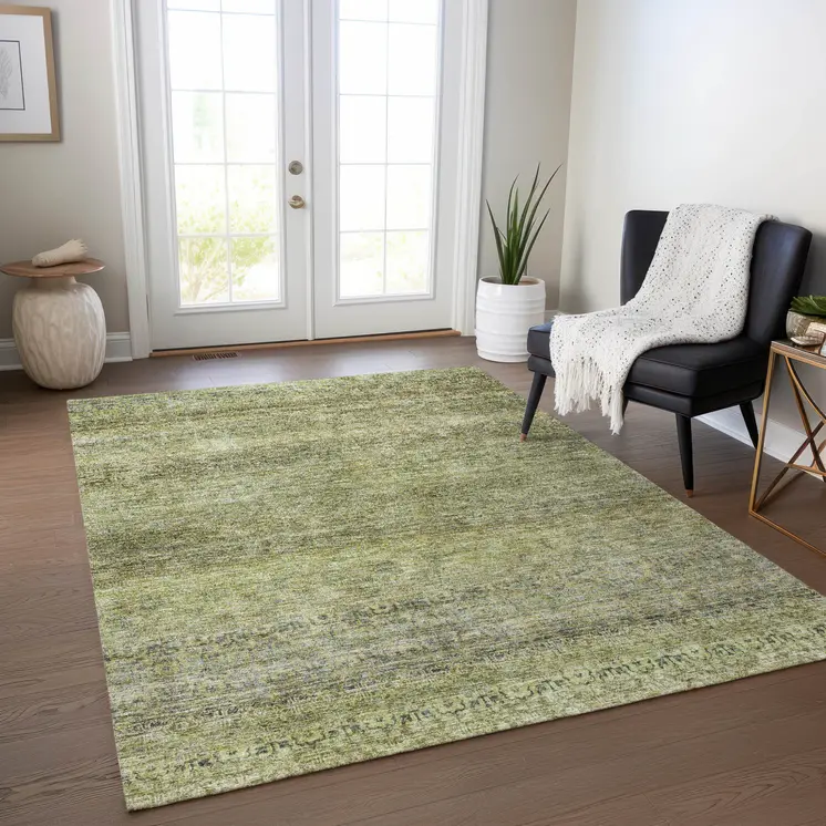 3' X 5' Artichoke Green Brown And Gray Striped Washable Indoor Outdoor Area Rug