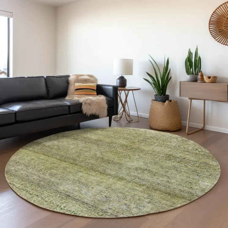 8' Artichoke Green Brown And Gray Round Striped Washable Indoor Outdoor Area Rug