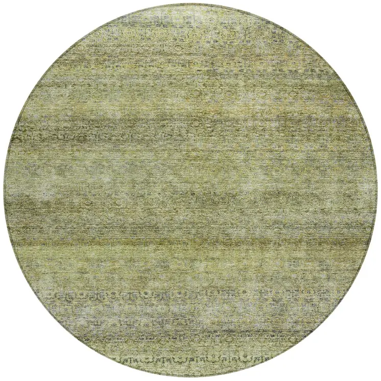 8' Artichoke Green Brown And Gray Round Striped Washable Indoor Outdoor Area Rug
