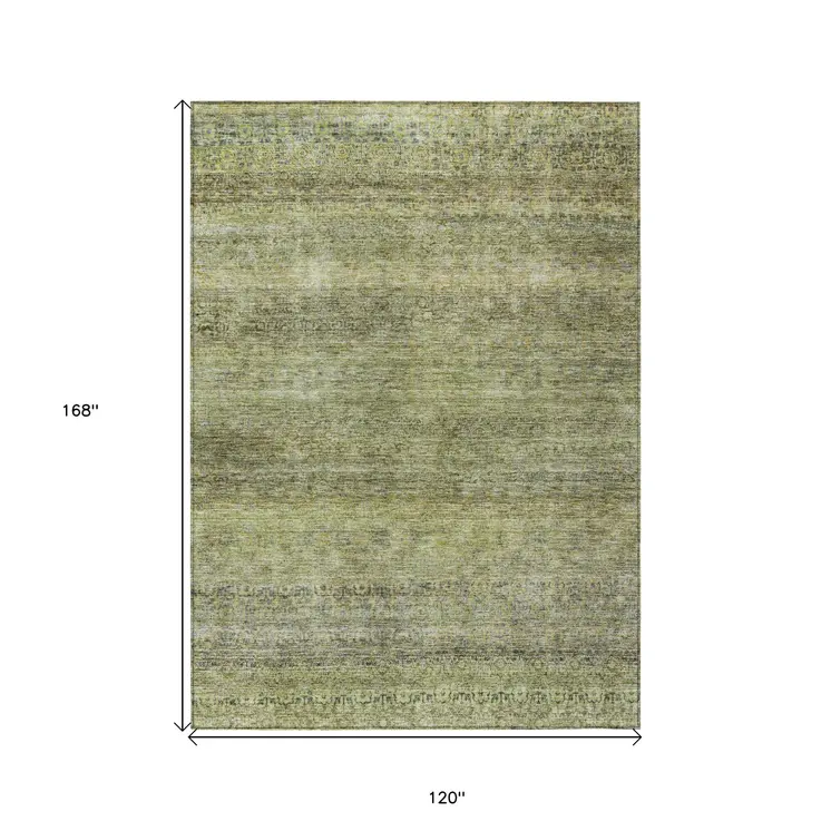 10' X 14' Artichoke Green Brown And Gray Striped Washable Indoor Outdoor Area Rug