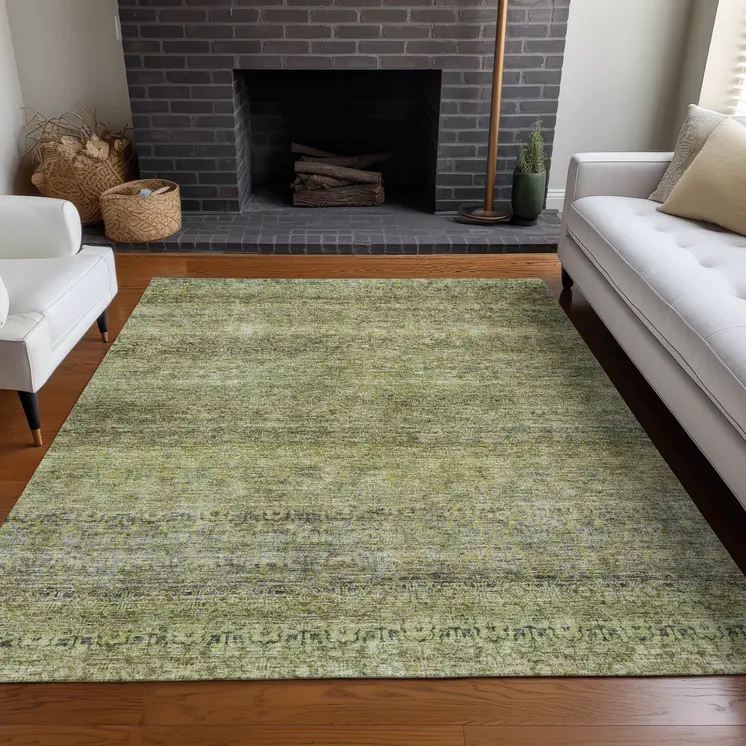 10' X 14' Artichoke Green Brown And Gray Striped Washable Indoor Outdoor Area Rug