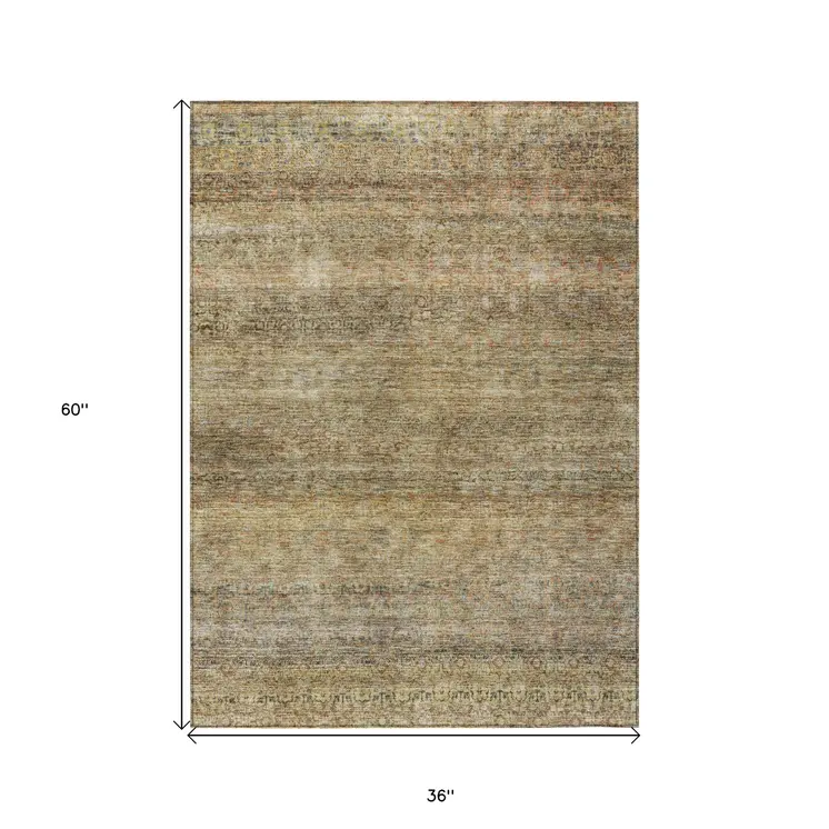 3' X 5' Wheat And Brown Striped Washable Indoor Outdoor Area Rug