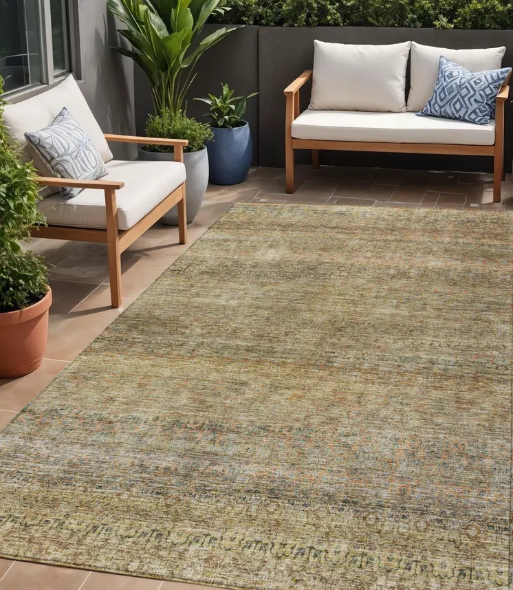 5' X 8' Wheat And Brown Striped Washable Indoor Outdoor Area Rug