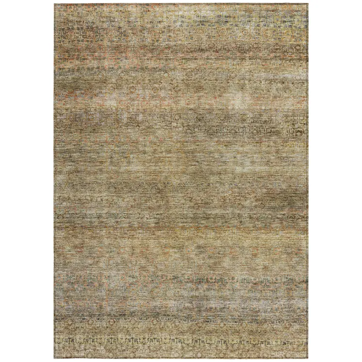 9' X 12' Wheat And Brown Striped Washable Indoor Outdoor Area Rug