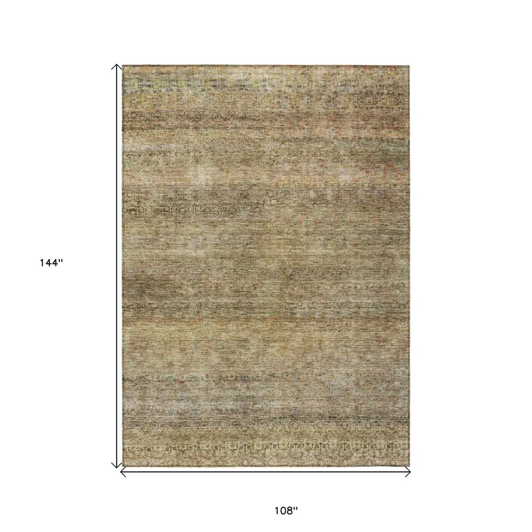 9' X 12' Wheat And Brown Striped Washable Indoor Outdoor Area Rug
