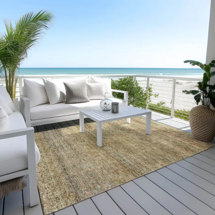 9' X 12' Wheat And Brown Striped Washable Indoor Outdoor Area Rug