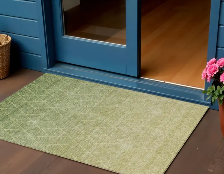 3' X 5' Artichoke Green And Beige Geometric Washable Indoor Outdoor Area Rug
