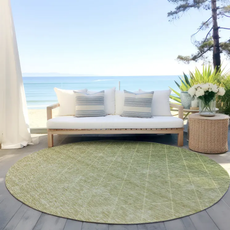 8' Artichoke Green And Beige Round Geometric Washable Indoor Outdoor Area Rug