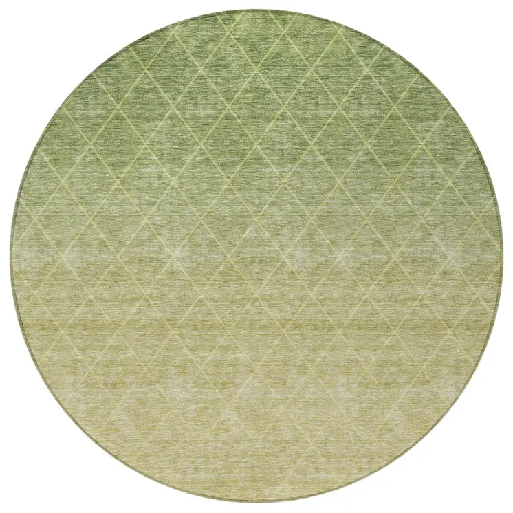 8' Artichoke Green And Beige Round Geometric Washable Indoor Outdoor Area Rug