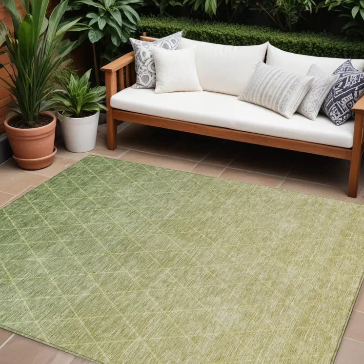 10' X 14' Artichoke Green And Beige Geometric Washable Indoor Outdoor Area Rug