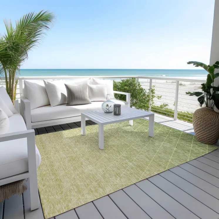 10' X 14' Artichoke Green And Beige Geometric Washable Indoor Outdoor Area Rug