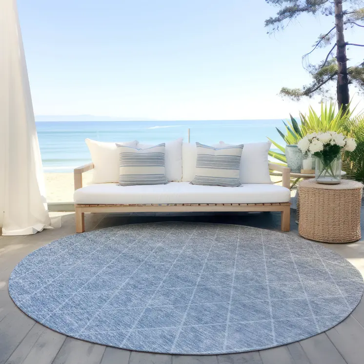 8' Blue And Gray Round Geometric Washable Indoor Outdoor Area Rug