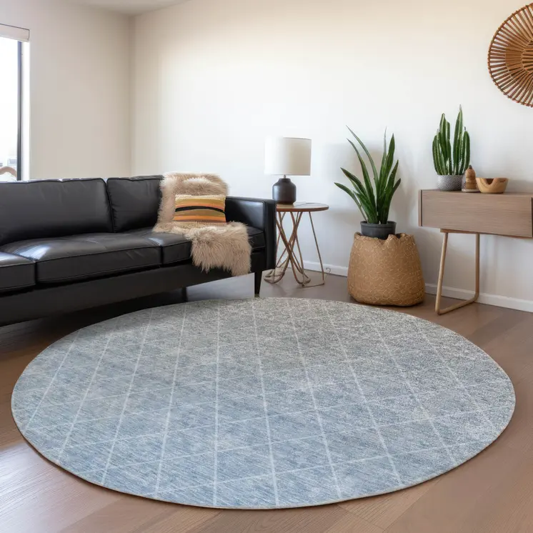 8' Blue And Gray Round Geometric Washable Indoor Outdoor Area Rug