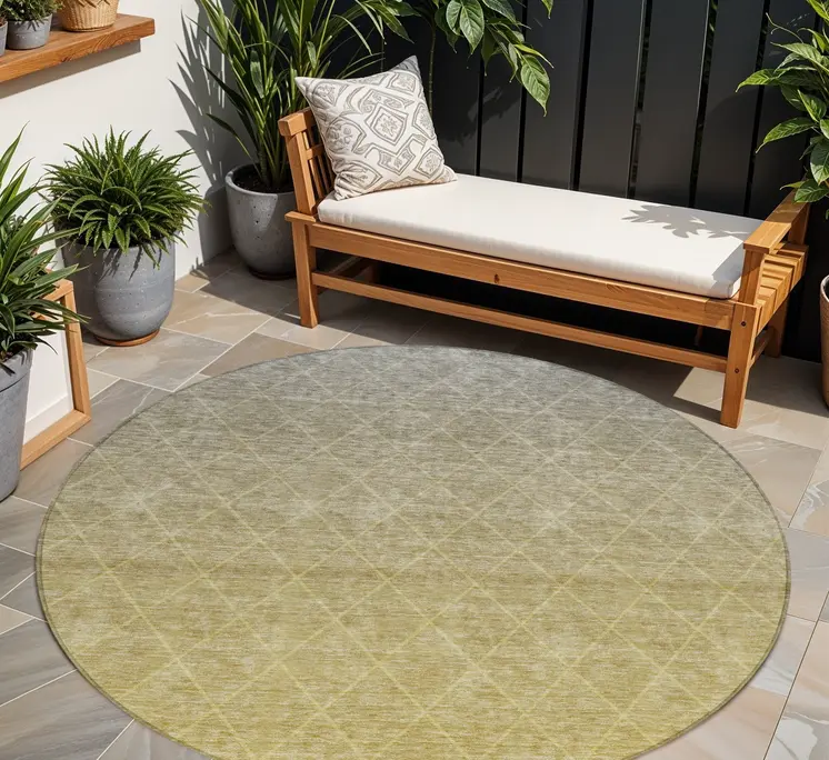 8' Gold And Gray Round Geometric Washable Indoor Outdoor Area Rug