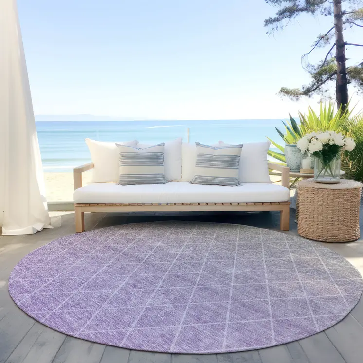 8' Lavender And Gray Round Geometric Washable Indoor Outdoor Area Rug