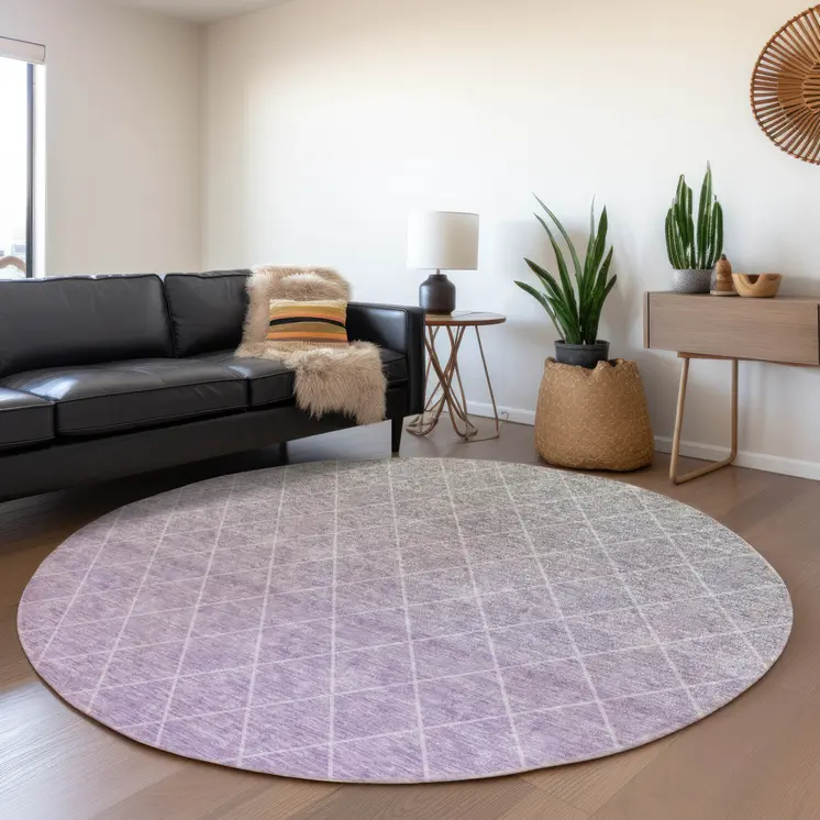 8' Lavender And Gray Round Geometric Washable Indoor Outdoor Area Rug