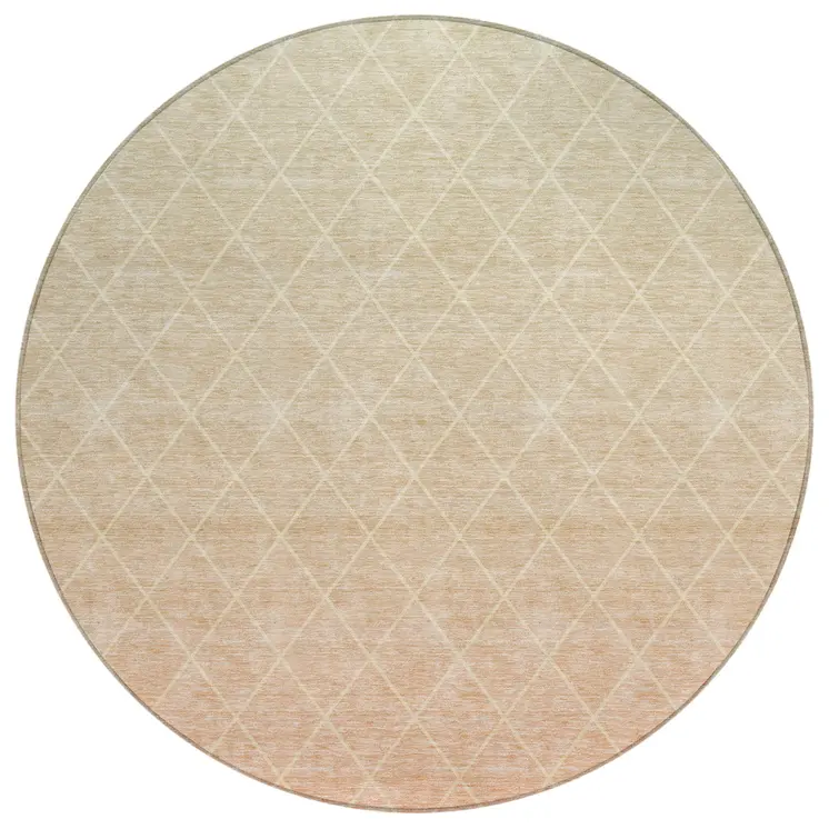 8' Salmon And Beige Round Geometric Washable Indoor Outdoor Area Rug
