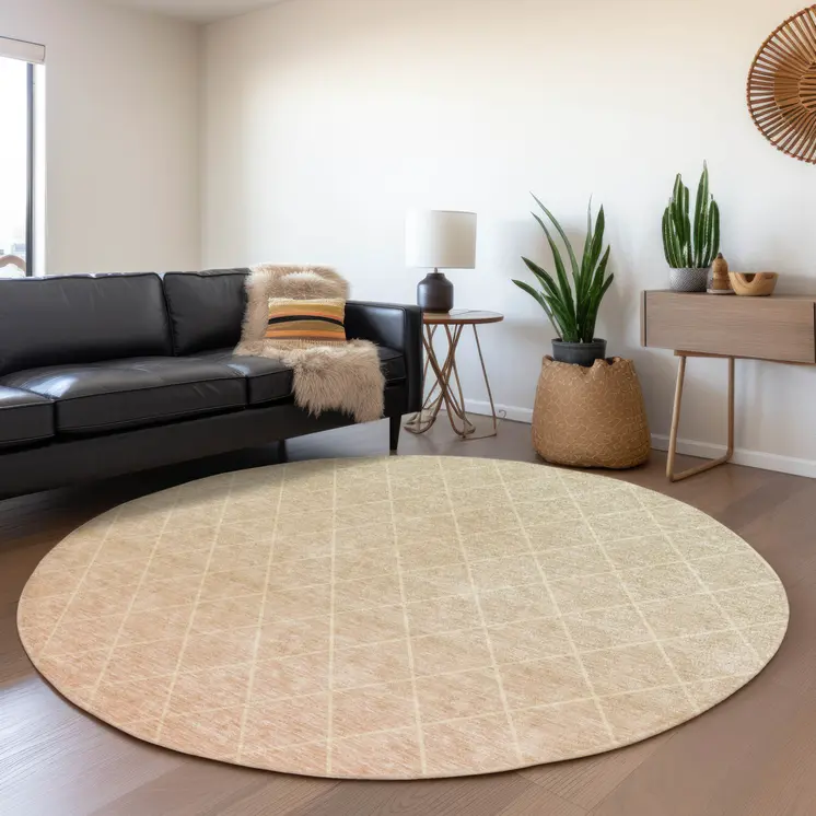 8' Salmon And Beige Round Geometric Washable Indoor Outdoor Area Rug
