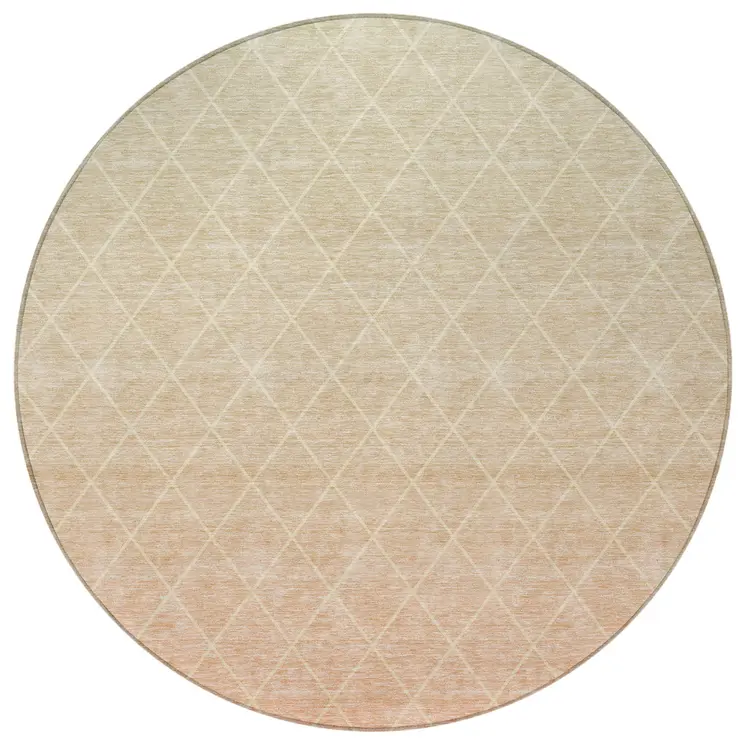 8' Salmon And Beige Round Geometric Washable Indoor Outdoor Area Rug