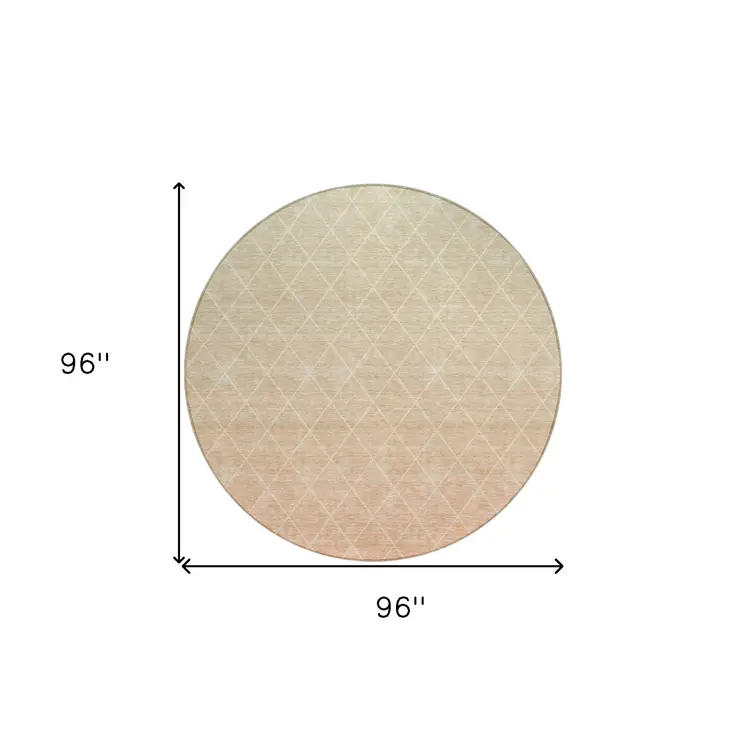8' Salmon And Beige Round Geometric Washable Indoor Outdoor Area Rug