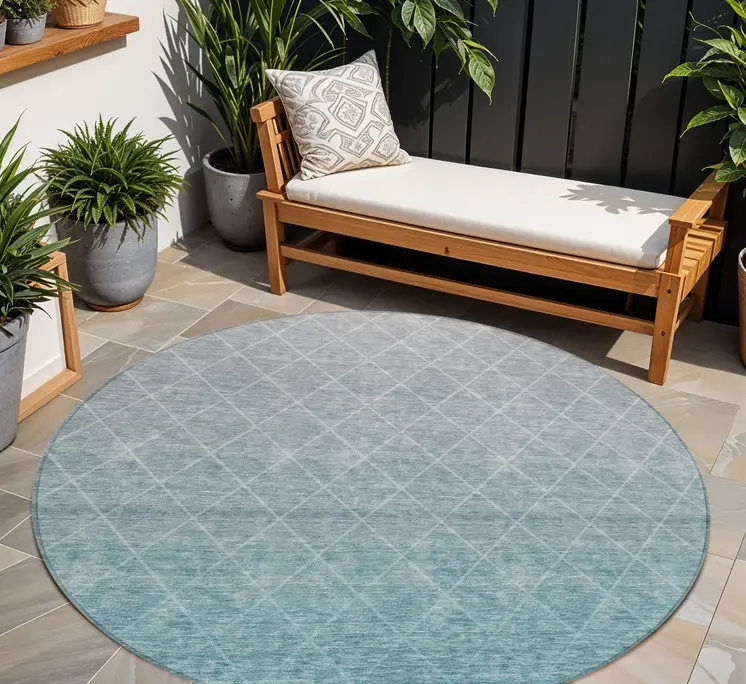 8' Teal Blue And Gray Round Geometric Washable Indoor Outdoor Area Rug