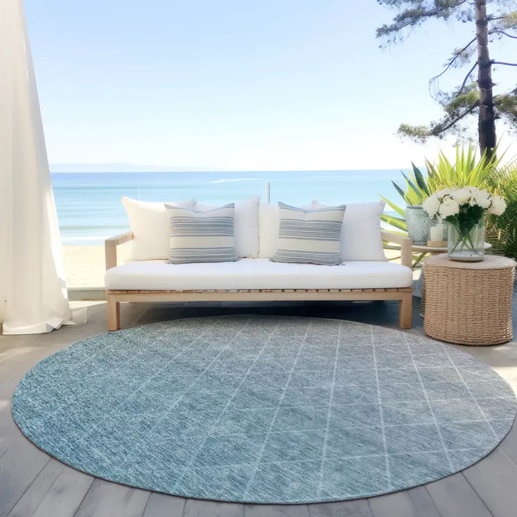 8' Teal Blue And Gray Round Geometric Washable Indoor Outdoor Area Rug