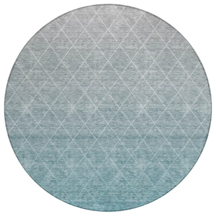 8' Teal Blue And Gray Round Geometric Washable Indoor Outdoor Area Rug