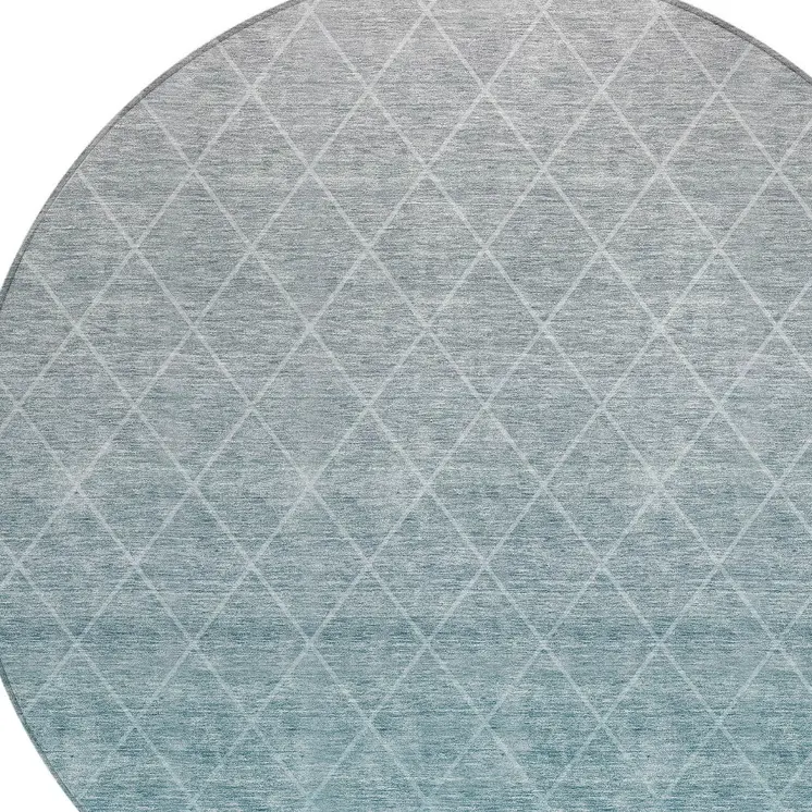 8' Teal Blue And Gray Round Geometric Washable Indoor Outdoor Area Rug