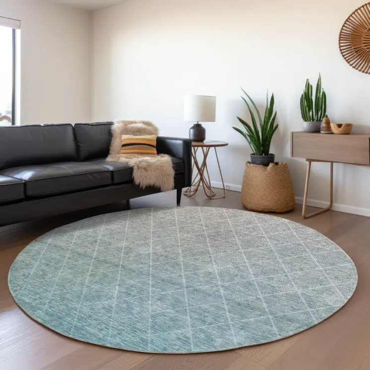8' Teal Blue And Gray Round Geometric Washable Indoor Outdoor Area Rug