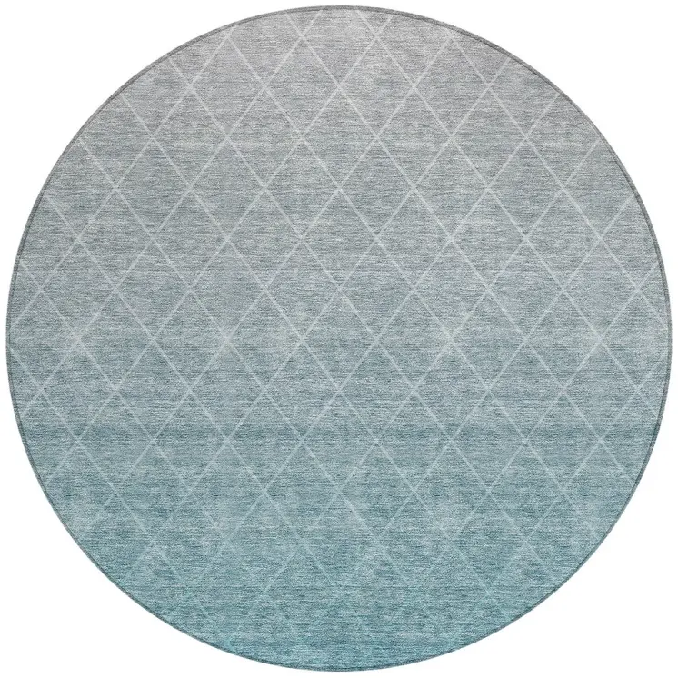 8' Teal Blue And Gray Round Geometric Washable Indoor Outdoor Area Rug