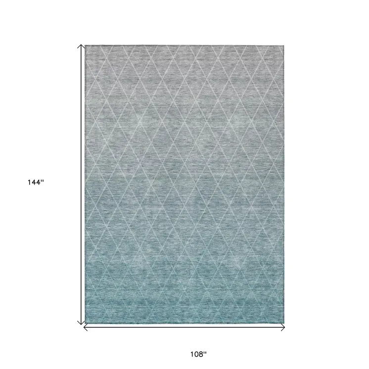 9' X 12' Teal Blue And Gray Geometric Washable Indoor Outdoor Area Rug